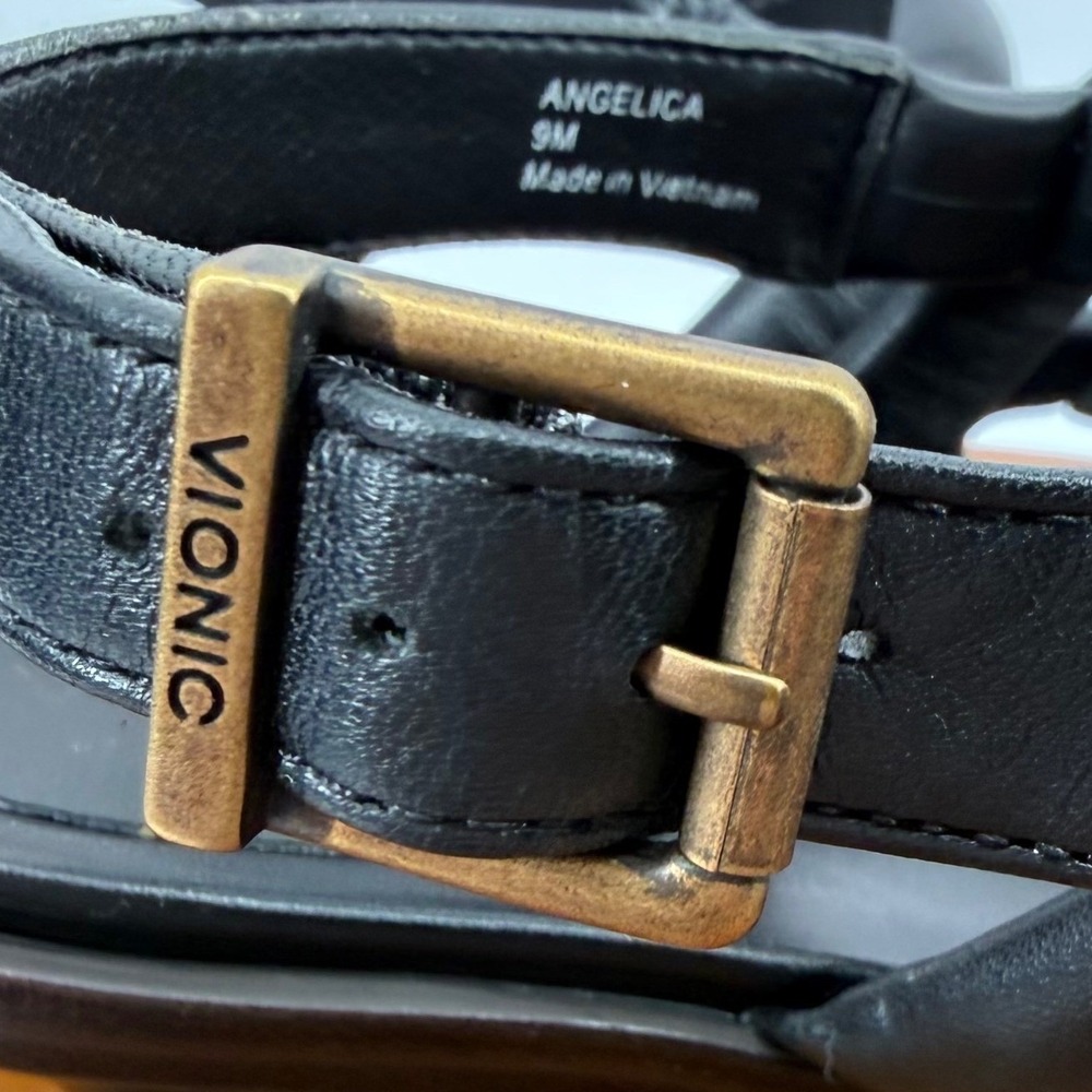 Vionic Angelica Sandals Size 9 Black Leather Twisted Strap Kitten Heel Slingback - Picture 3 of 8